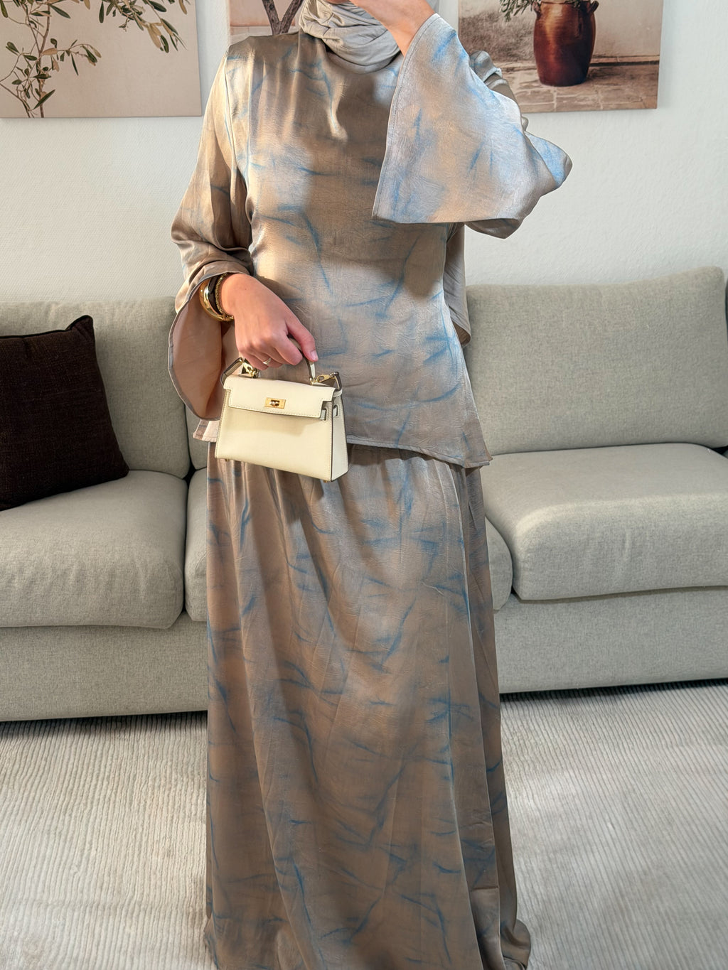 ENSEMBLE JUPE - TAUPE ET BLEU