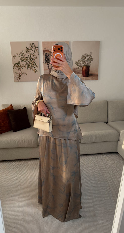 ENSEMBLE JUPE - TAUPE ET BLEU